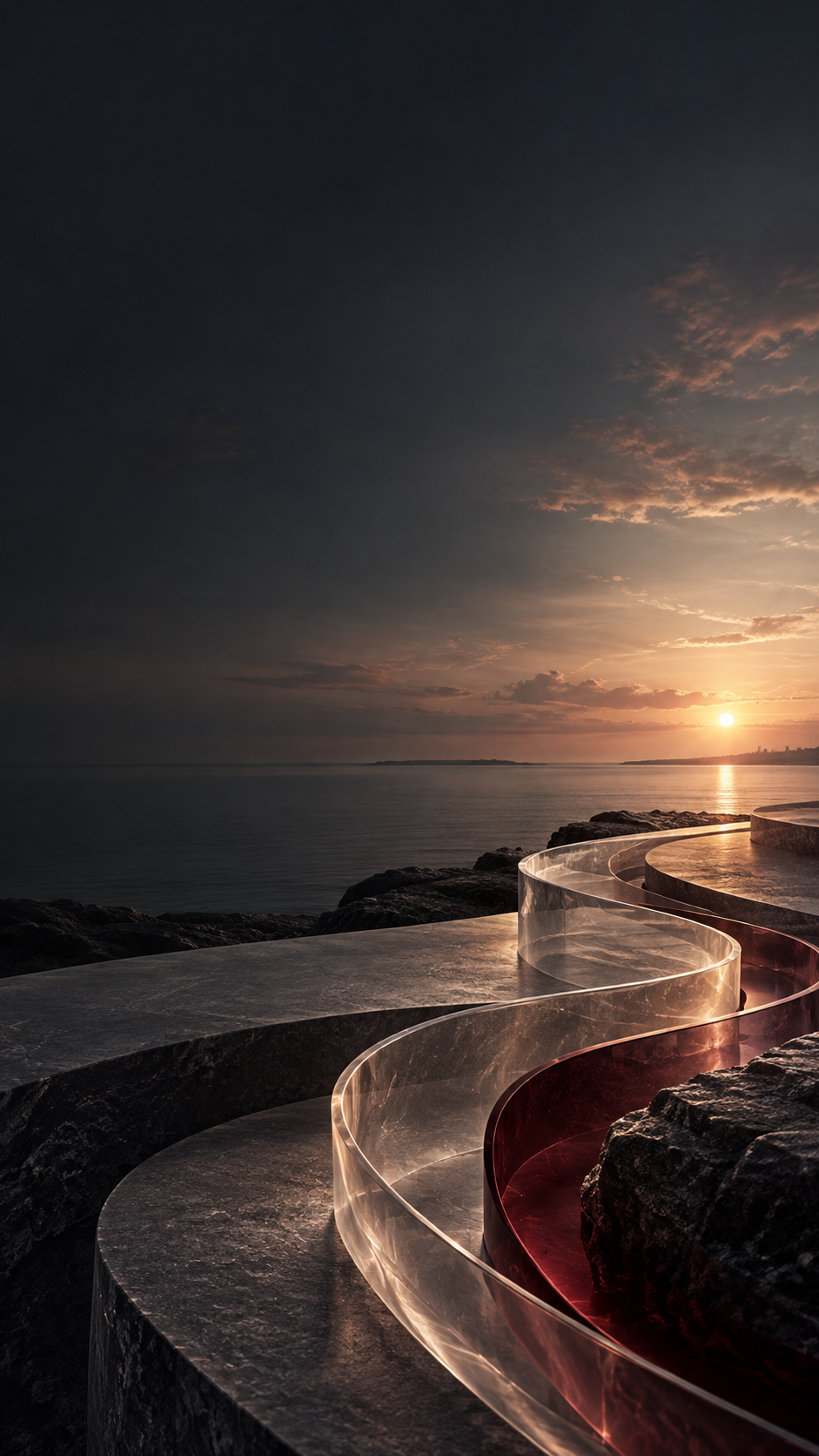 Abstract sculptural pathway toward the coast at dawn