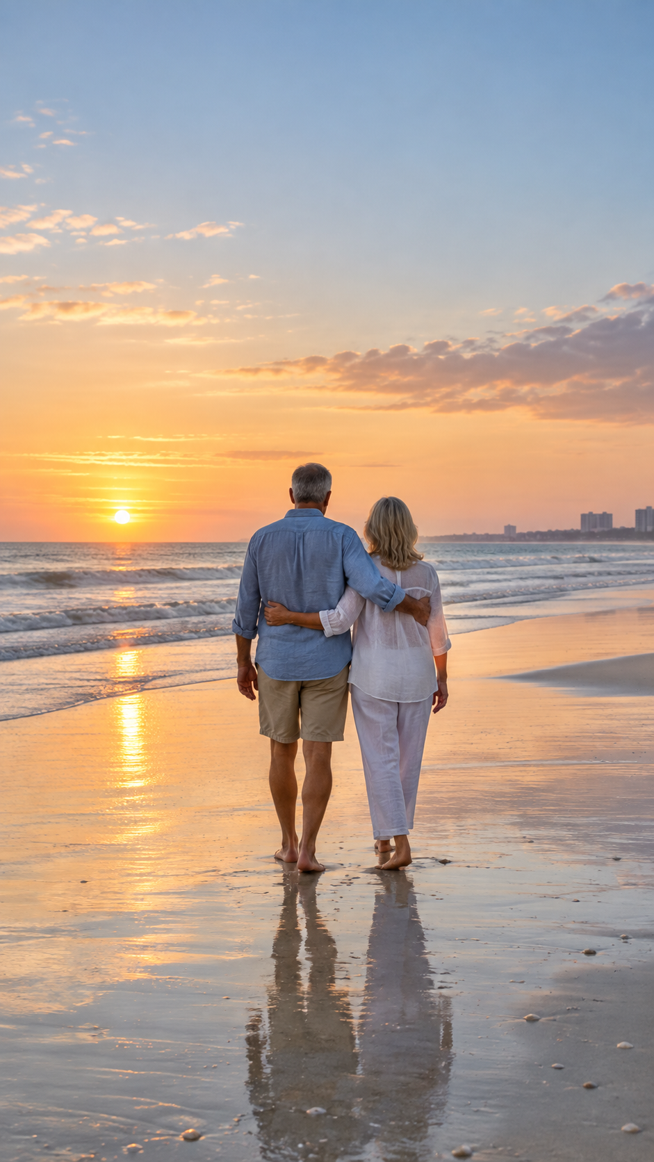Mature couple walking together on Clearwater Beach at sunrise
